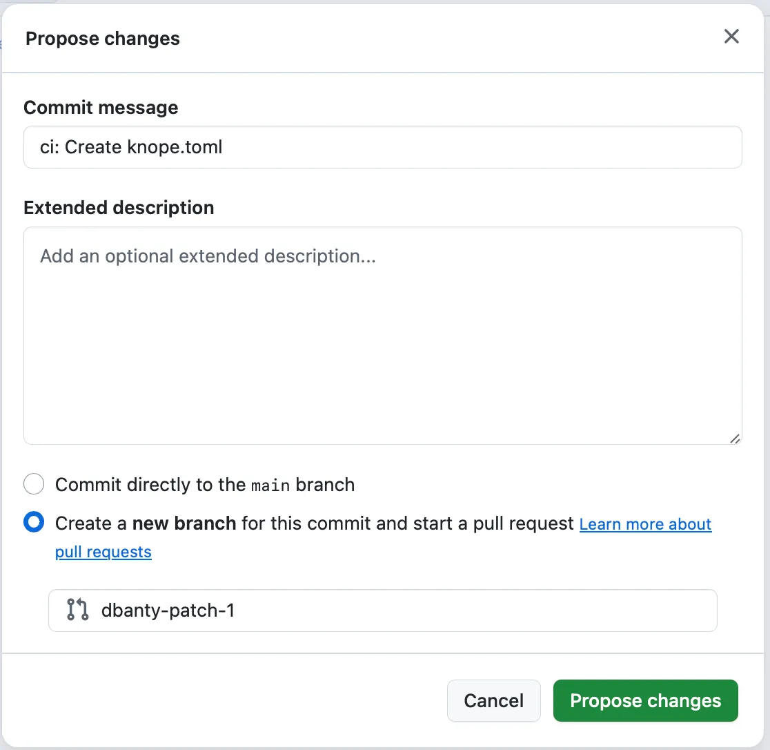The commit message for adding knope.toml